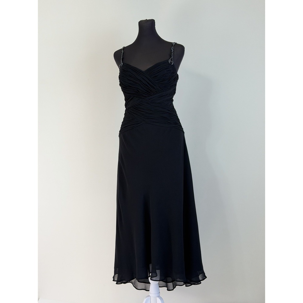 Anne Klein Size 6 Black Silk Beaded Strap Ruched Midi Cocktail Dress